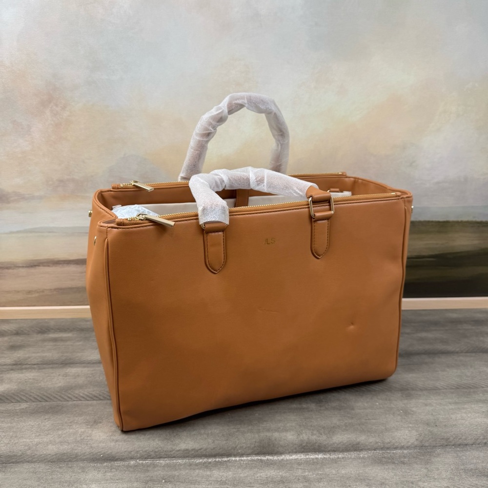 Mark & Graham Vegan Leather Work Bag Purse Tote Chestnut Monogrammed Spots Read